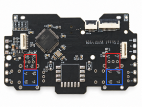 Joystick resistor configuration areas on both sides of the mainboard, with red boxes above and blue boxes below.