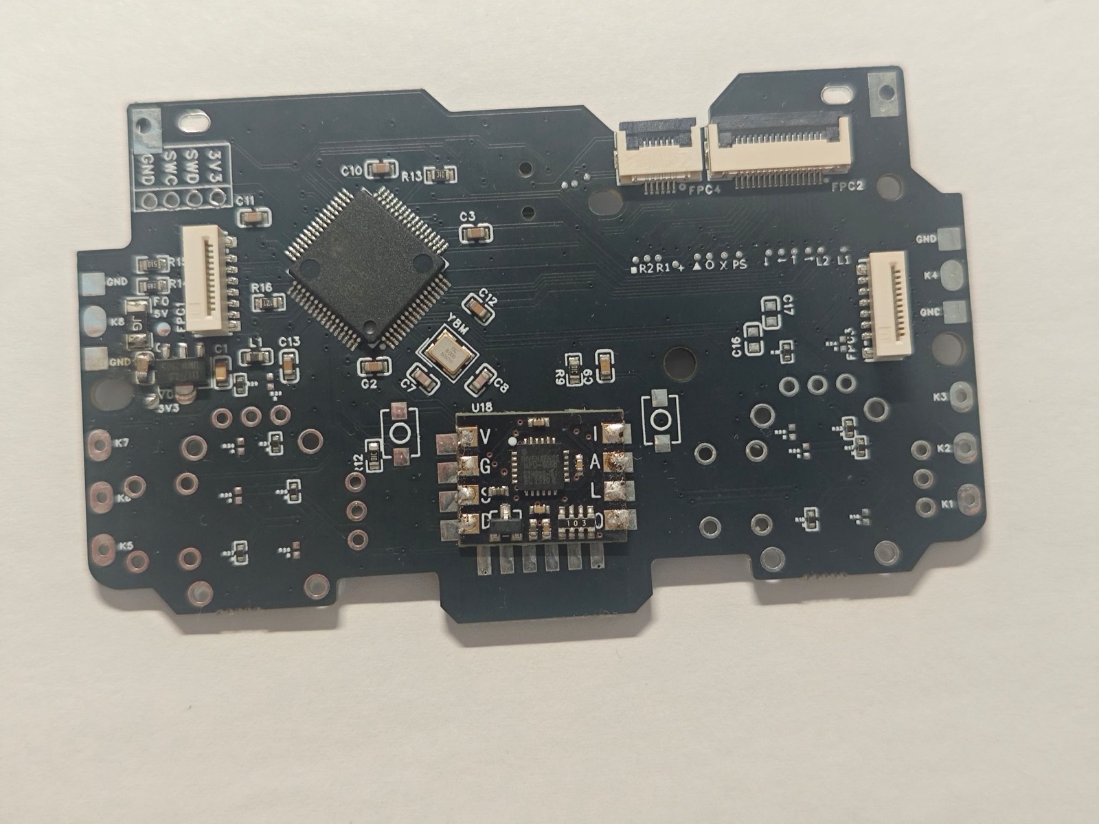 ZY-MPU6050 module soldered near the lower center of the mainboard, showing its orientation and the joints on both sides.